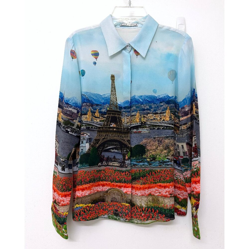 Alice + Olivia Willa Eiffel Tower Emily in Paris Shirt Blouse Silk Floral XS - Picture 2 of 16
